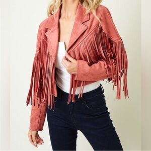 SAINTS & HEARTS faux suede cropped western fringe festival jacket dusty pink med